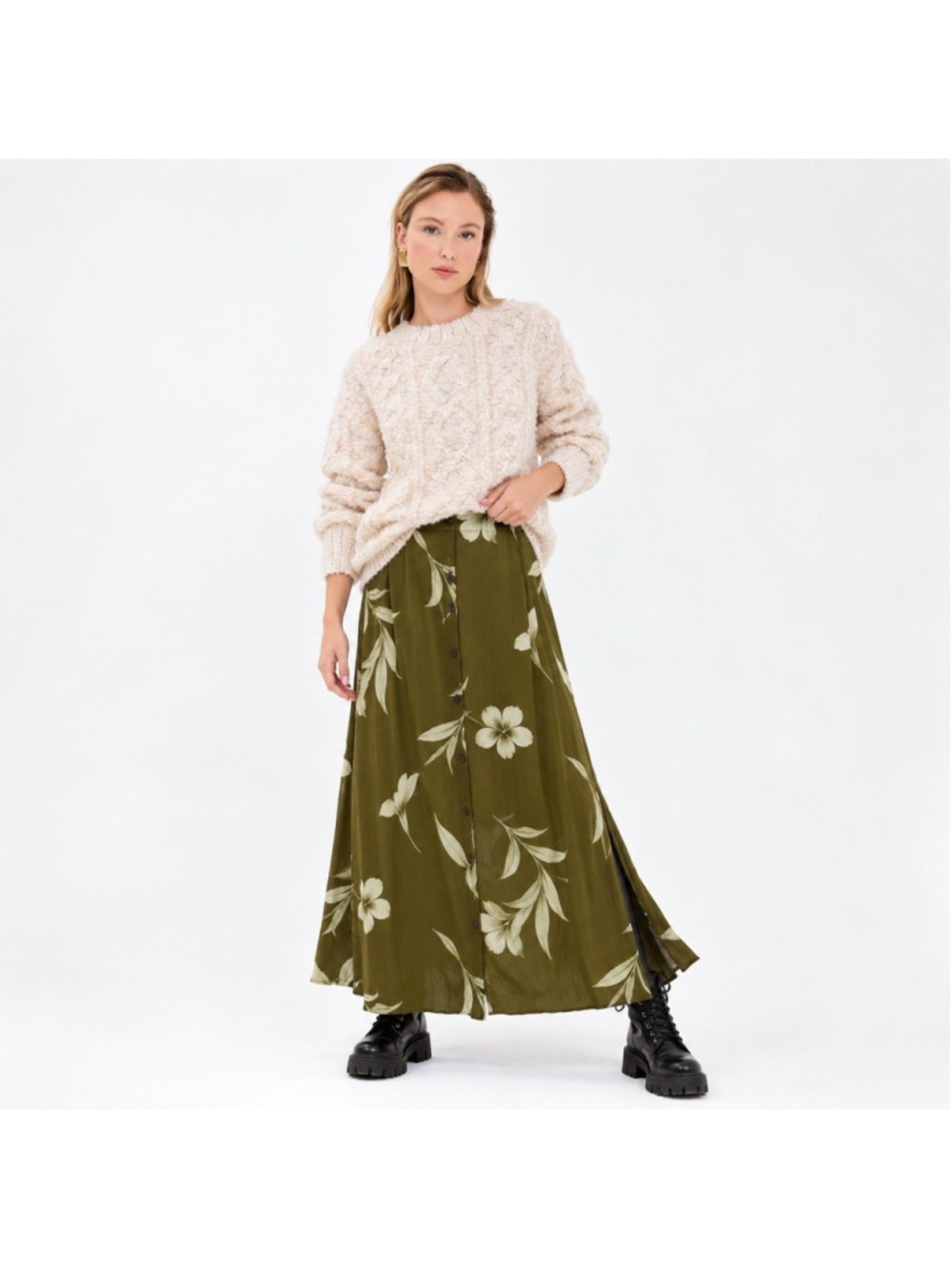 Vtg 90s Liz Claiborne Green Floral Grunge 100% Silk Full Button Maxi Skirt 4